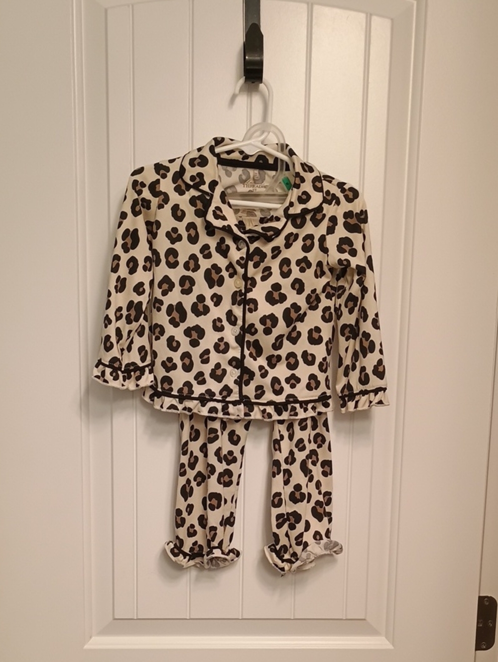Cream Leopard Print Kids Pajama Set with Ruffle Trim